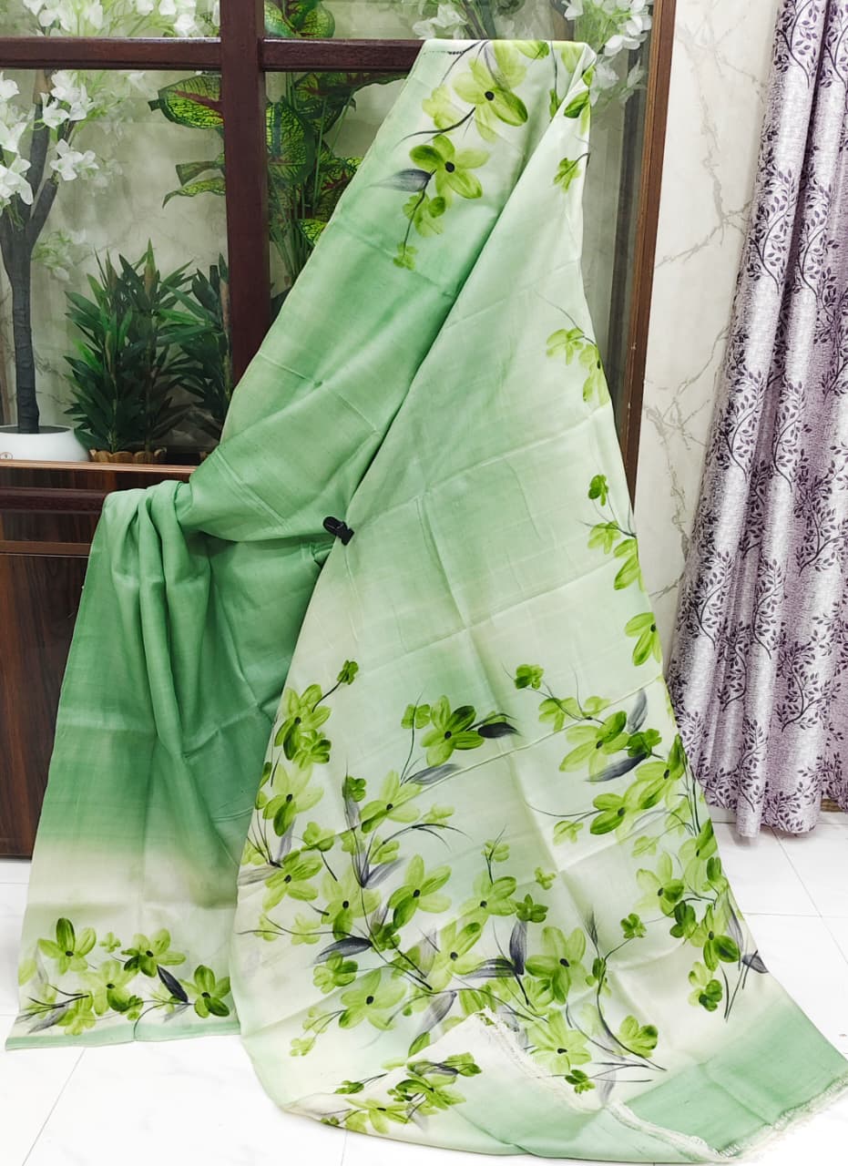 Hand-Painted Pure Silk Saree – Pastel Green Ombre with Fresh Leafy Floral Artwork