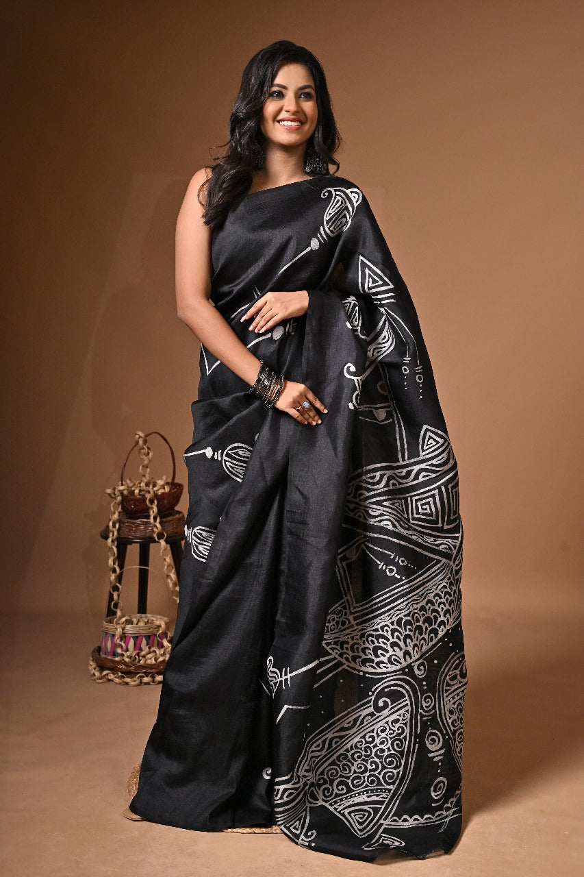 Midnight Muse — Hand-Painted Pure Silk Saree with Contemporary Tribal Art