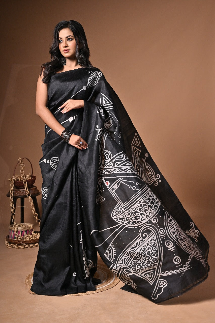 Midnight Muse — Hand-Painted Pure Silk Saree with Contemporary Tribal Art