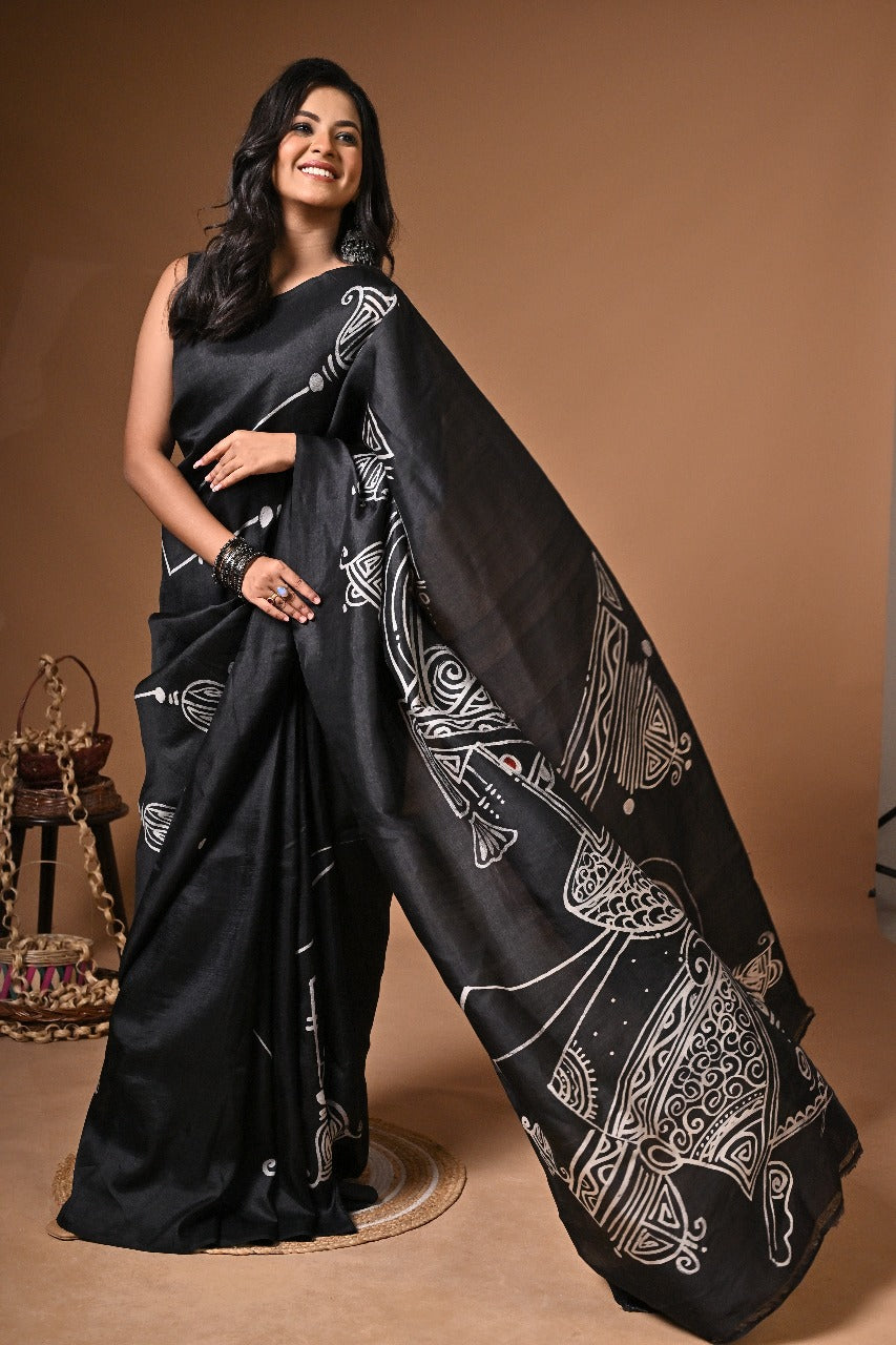 Midnight Muse — Hand-Painted Pure Silk Saree with Contemporary Tribal Art