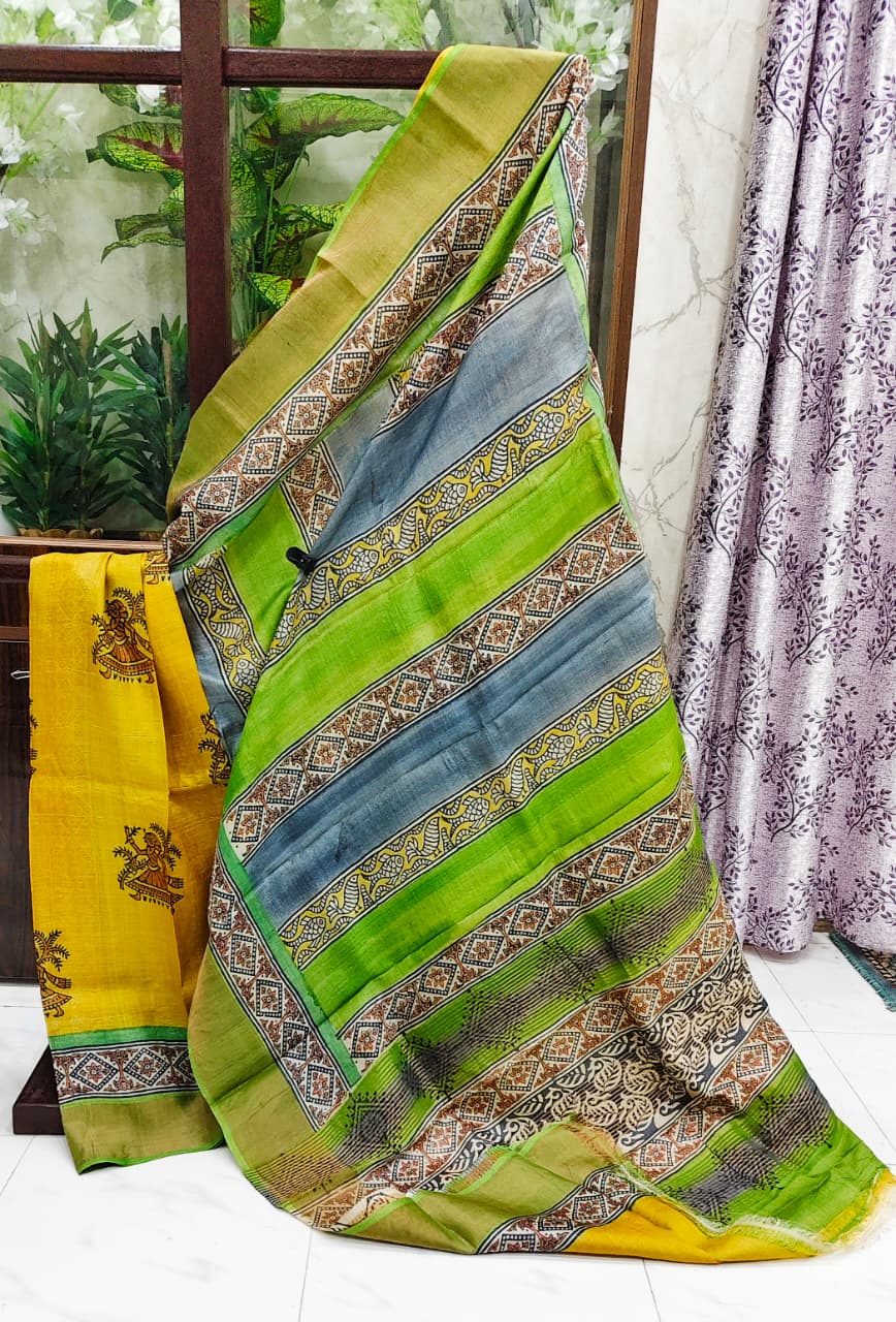 Vibrant Gachi Zari Tussar Silk Saree with Hand Block Print – Lime Green & Grey