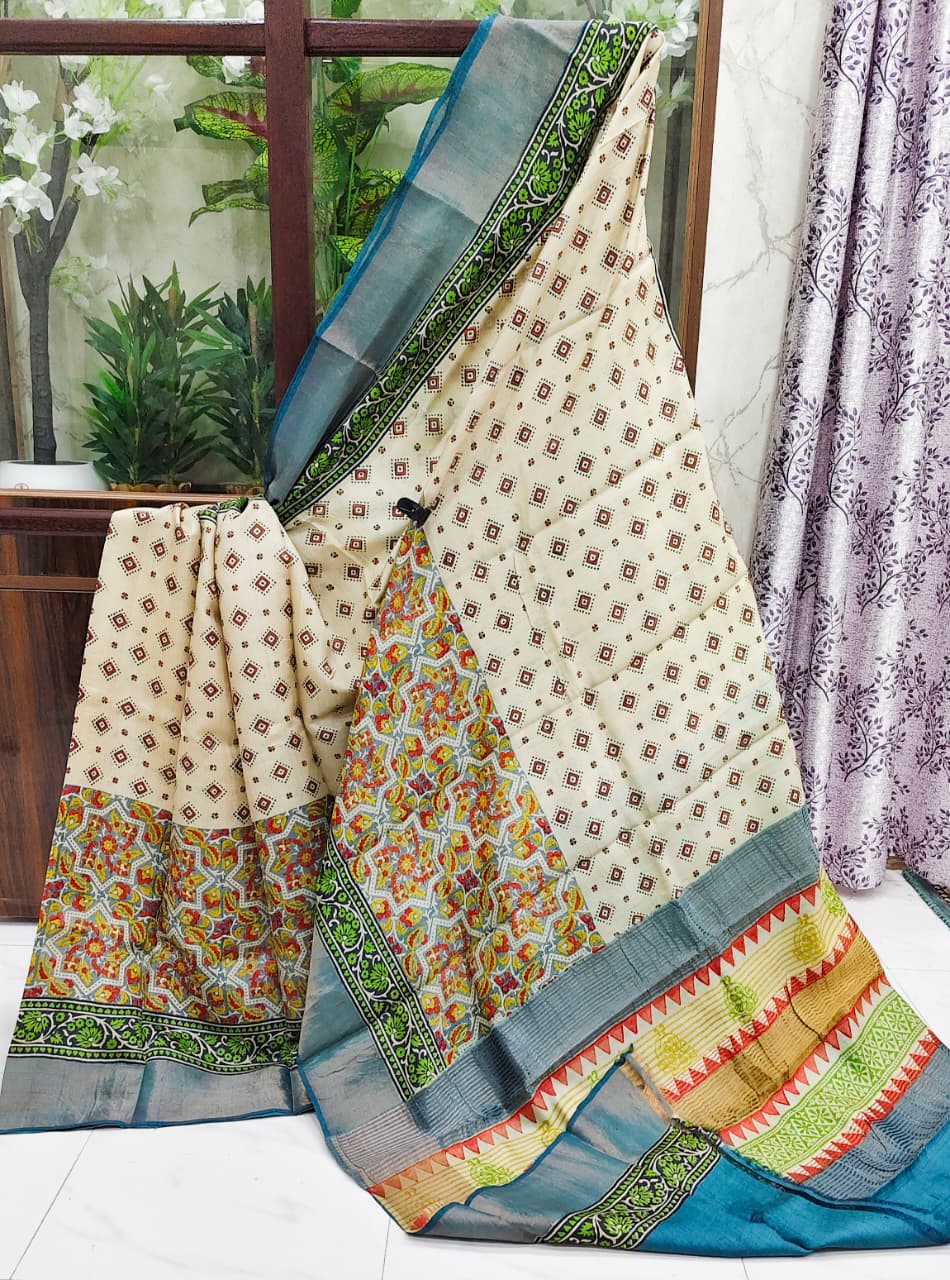 Graceful Gachi Zari Tussar Silk Saree with Hand Block Print – Cream & Teal