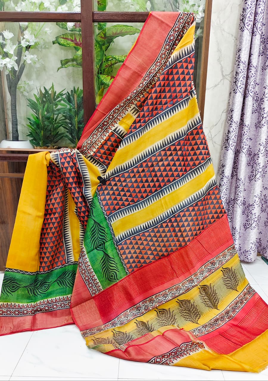 Vivid Gachi Zari Tussar Silk Saree with Hand Block Print – Mustard, Red & Green