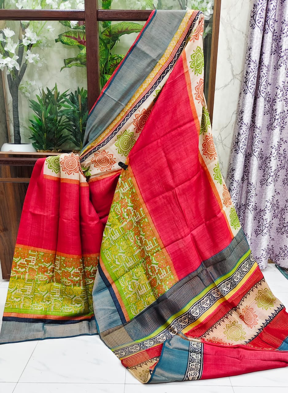 Radiant Gachi Zari Tussar Silk Saree with Hand Block Print – Crimson Red & Lime Green