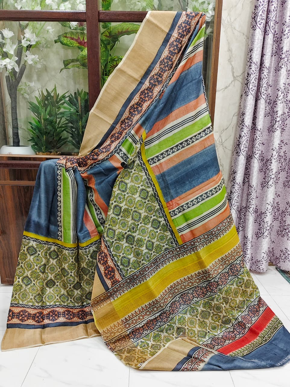 Charming Gachi Zari Tussar Silk Saree with Hand Block Print – Blue, Olive & Mustard