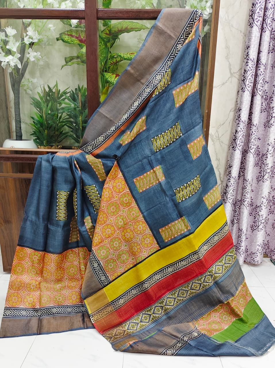 Elegant Gachi Zari Tussar Silk Saree with Hand Block Print – Steel Blue & Mustard