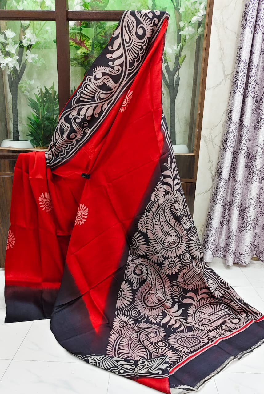 Scarlet Elegance — Hand-Painted Pure Silk Saree with Floral Paisley Art
