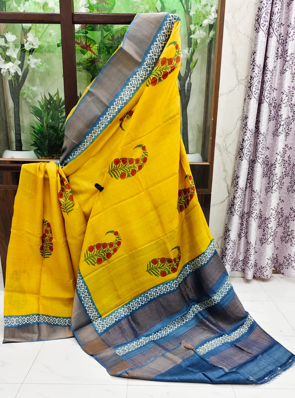 Sunlit Charm — Mustard Yellow Hand Block Printed Gachi Tussar Silk Saree
