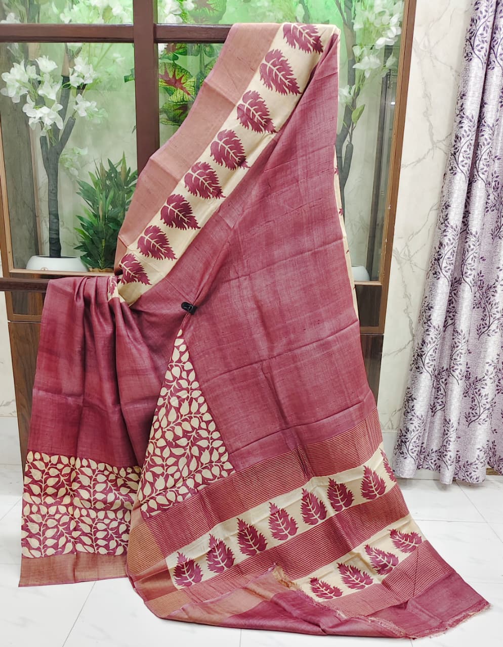 Elegant Maroon Tussar Silk Saree with Hand Block Print