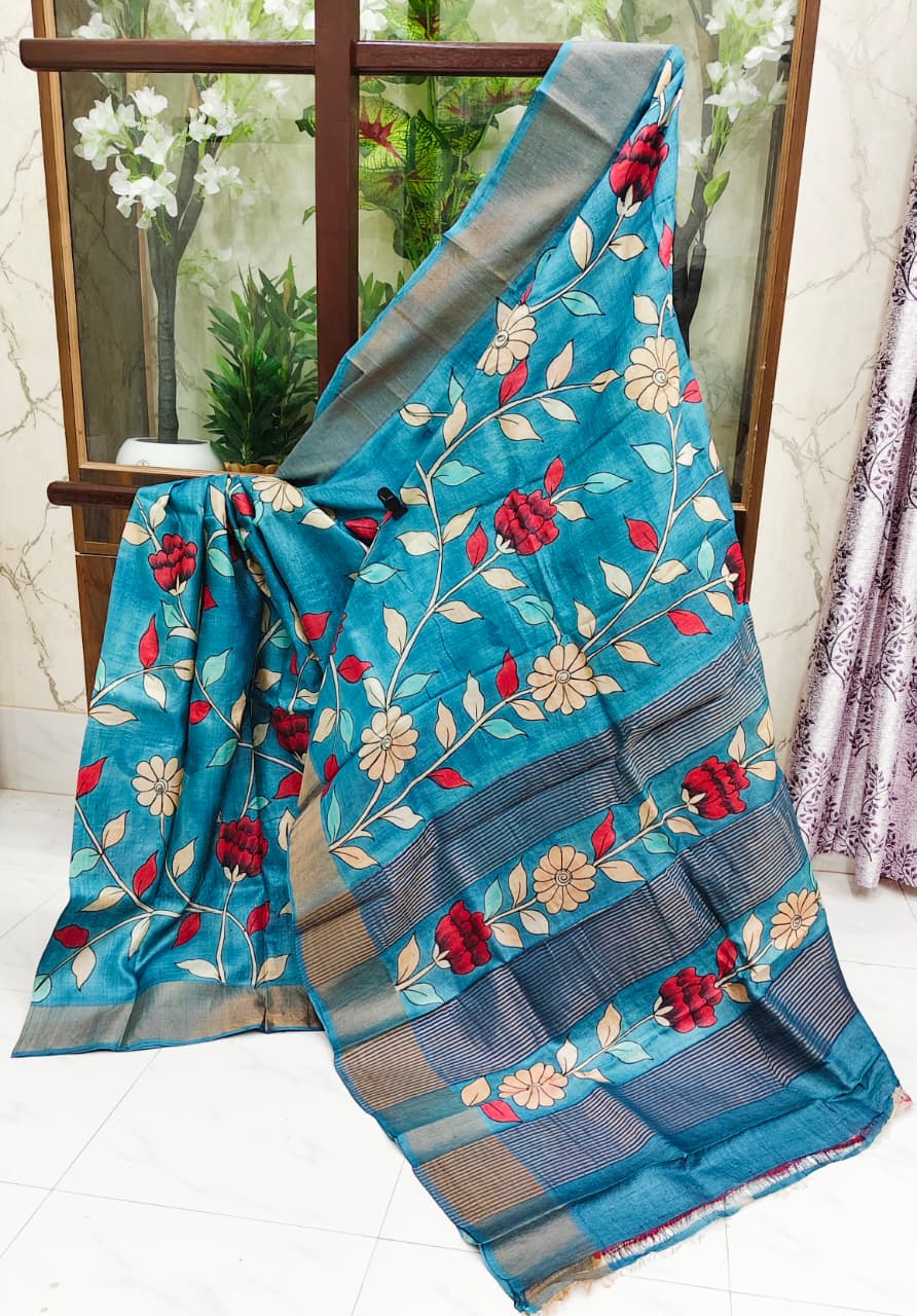 Graceful Hand-Painted Gachi Zari Tussar Silk Kalamkari Saree – Teal Blue Floral Elegance
