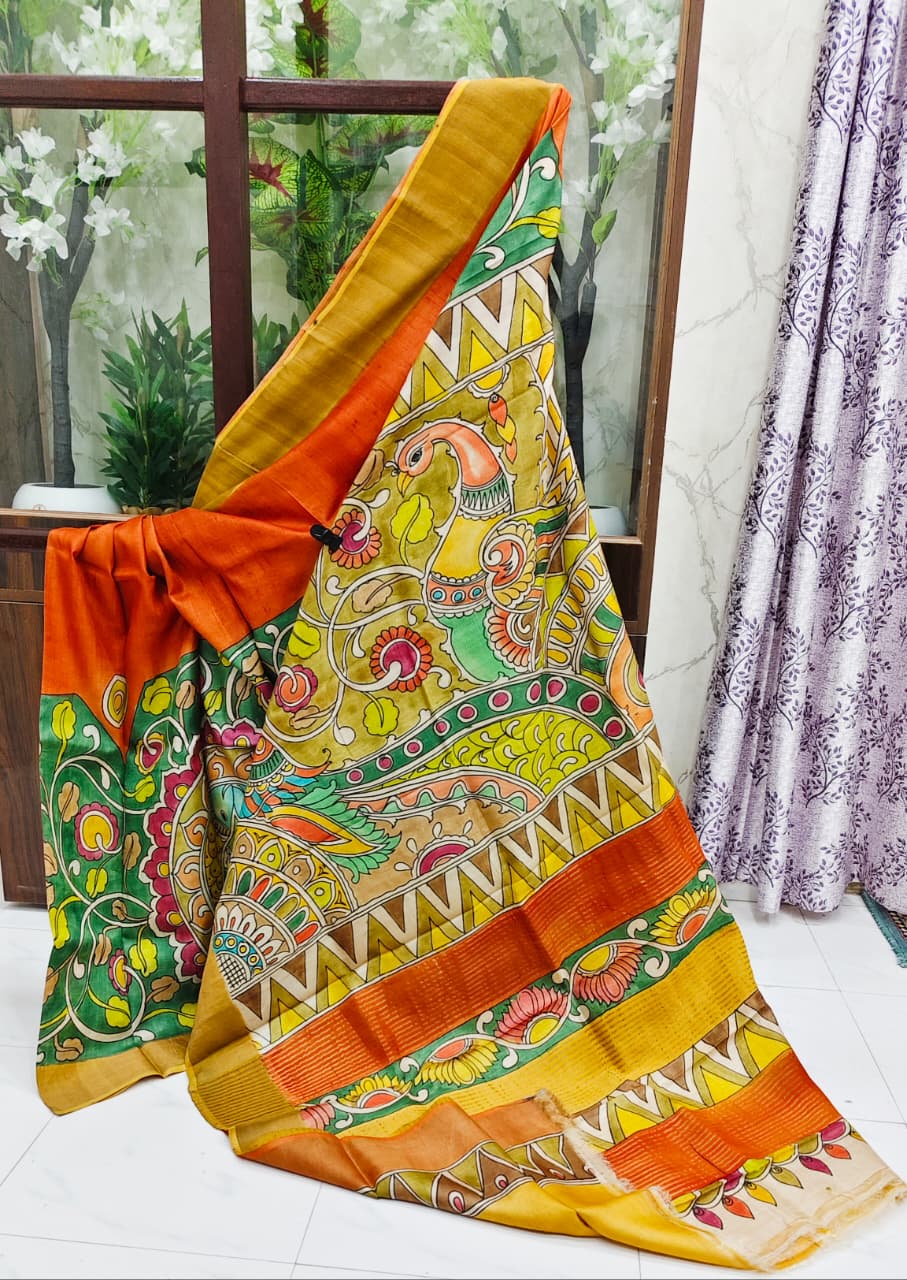 Royal Heritage – Hand-Painted Kalamkari Tussar Silk Saree