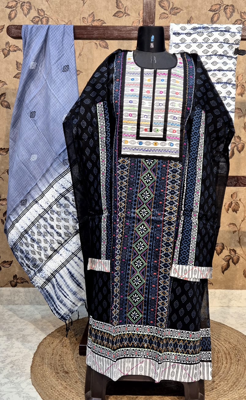 Black Cotton Block Print & Hand-Stitched Churidar Set