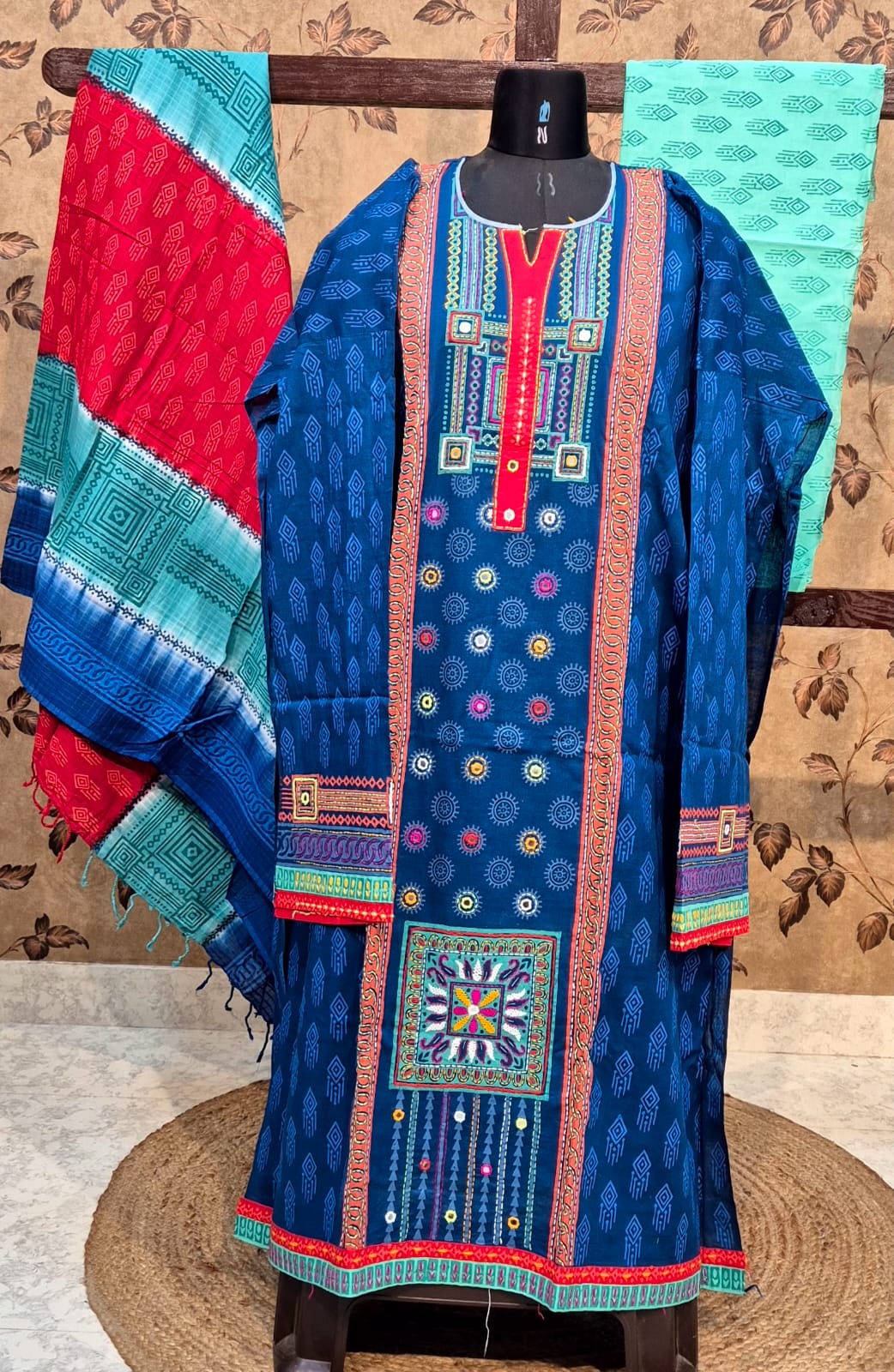 Elegant Royal Blue Cotton Block Print & Hand-Stitched Churidar Set