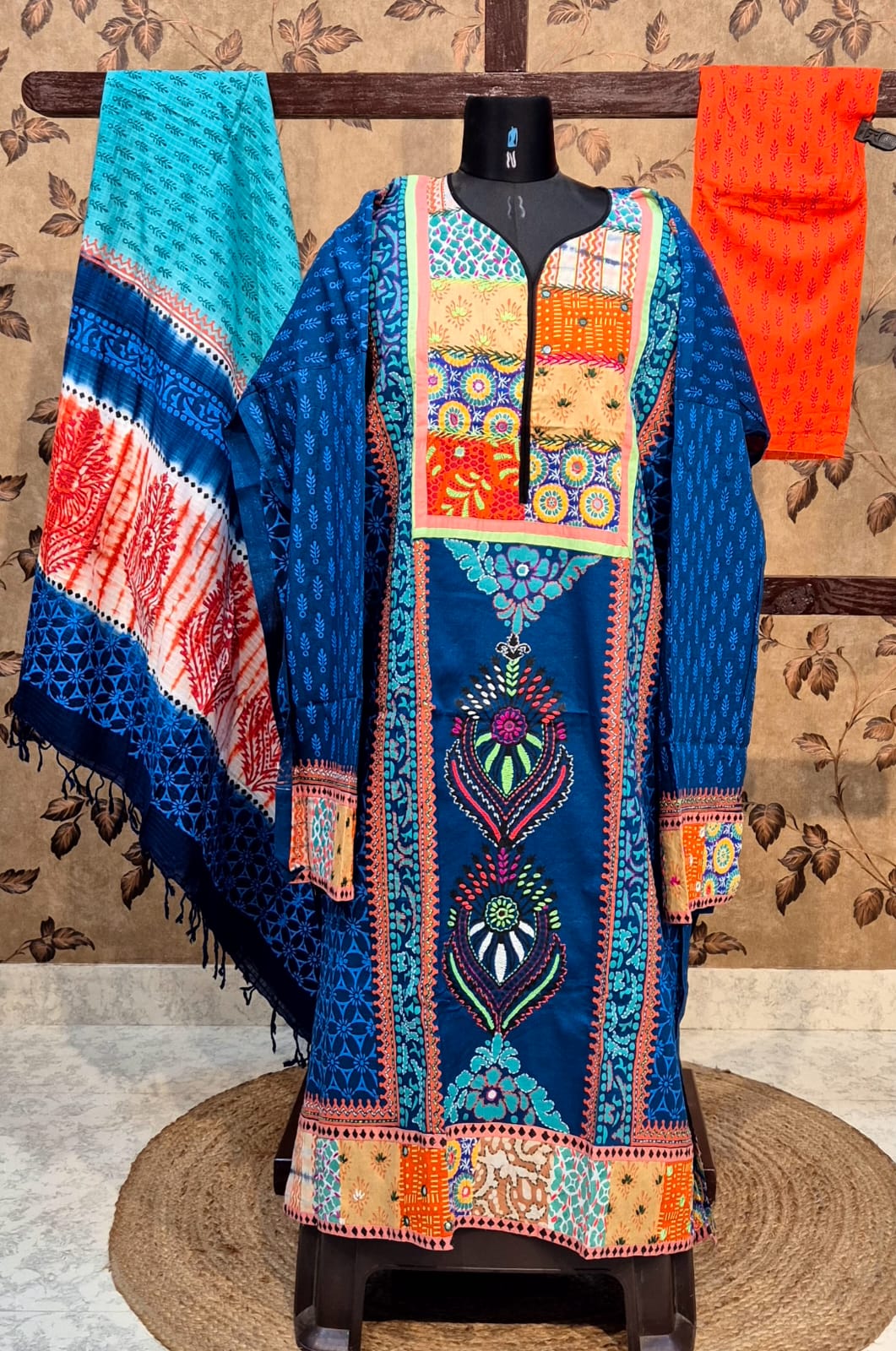 Royal Blue Cotton Block Print & Hand-Stitched Churidar Set