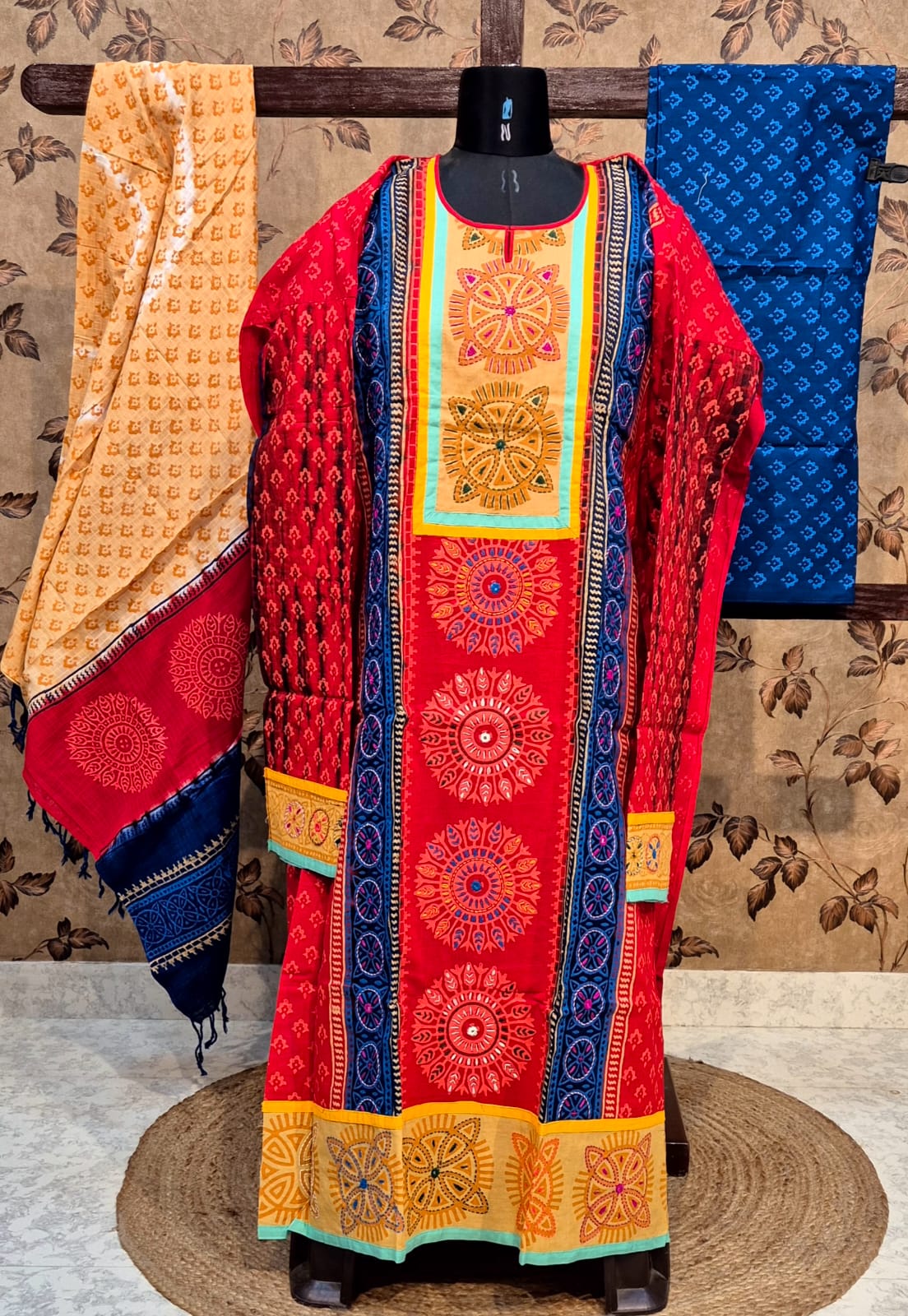 Radiant Red Cotton Block Print & Hand-Stitched Churidar Set