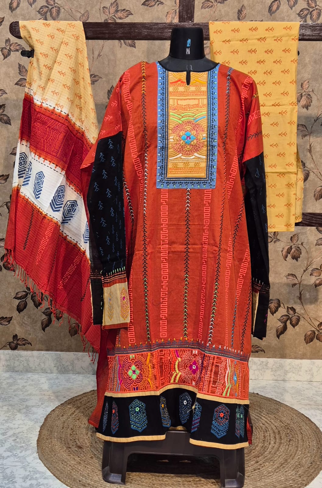 Rust Orange Cotton Block Print & Hand-Stitched Churidar Set