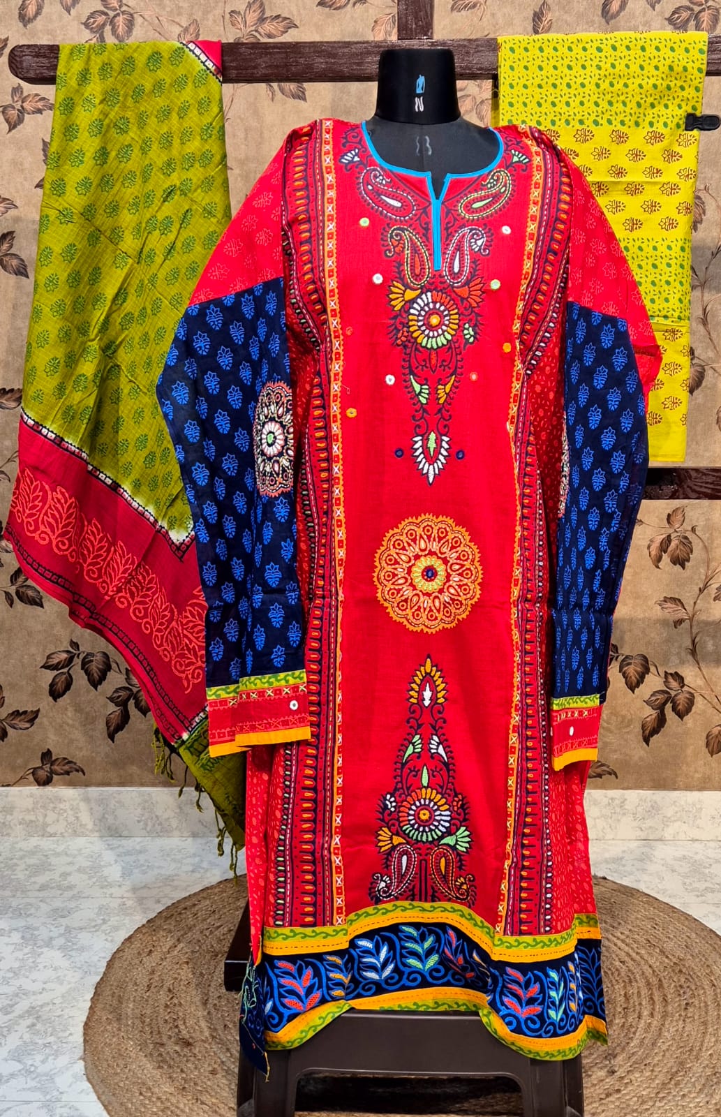 Vibrant Red Cotton Block Print & Hand-Stitched Churidar Set