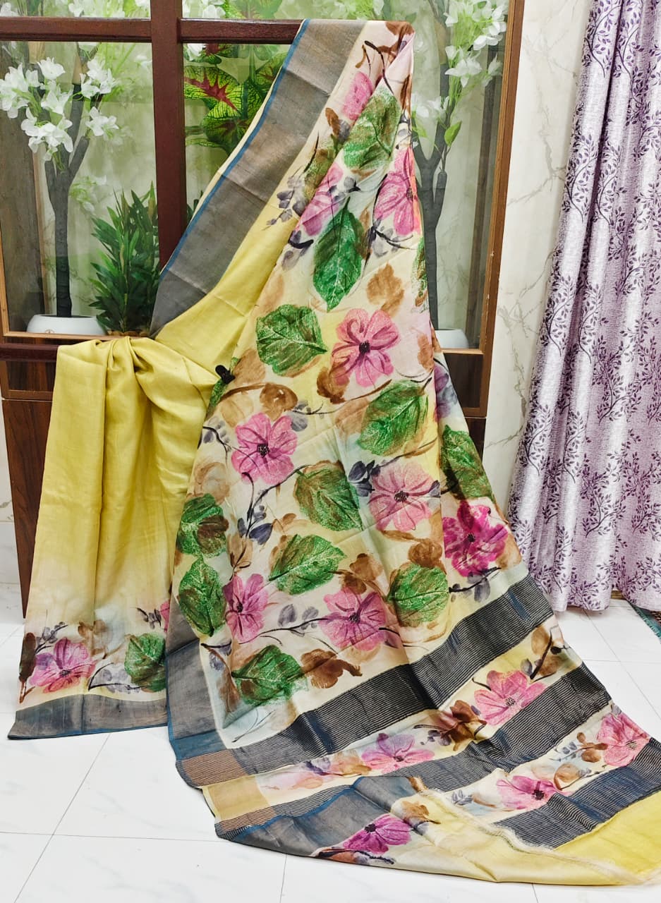 Hand-Painted Floral Beauty on Pure Tussar Silk Saree
