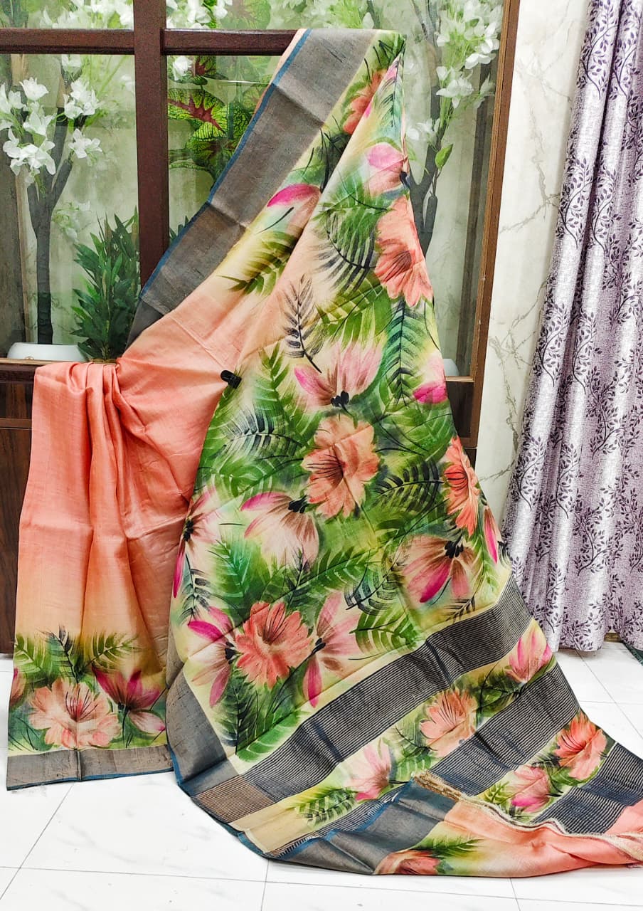 Peach Paradise Hand-Painted Floral Tussar Silk Saree