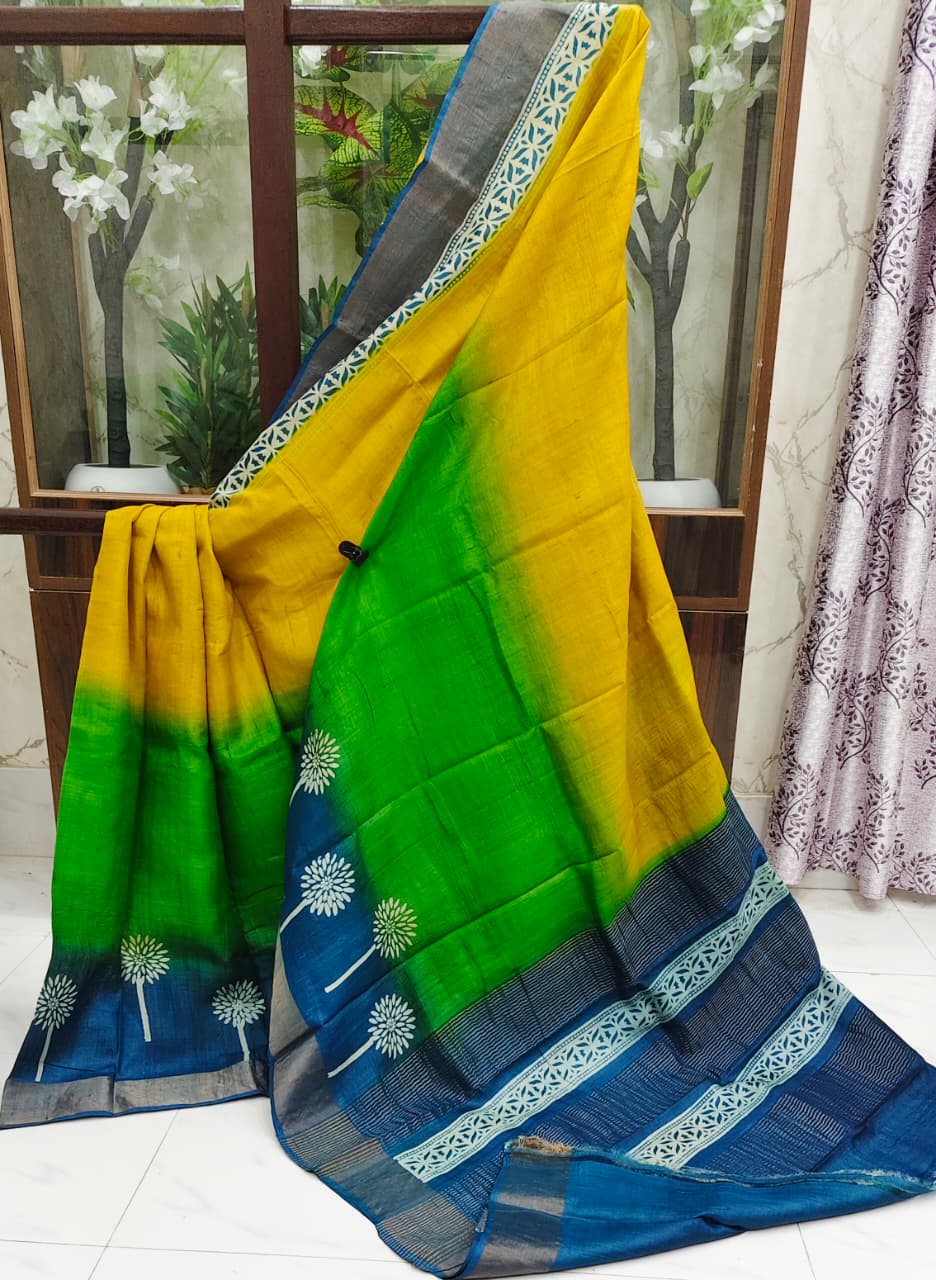 Vibrant Yellow-Green Tussar Silk Saree with Hand Block Print and Blue Border