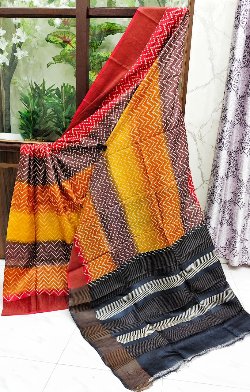 Gachi Tussar Silk Hand Block Print Saree in Warm Earthy Tones