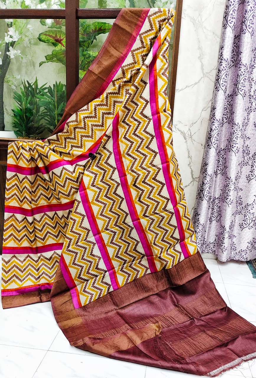 Elegant Gachi Tussar Silk Hand Block Print Saree with Magenta and Mustard Accents