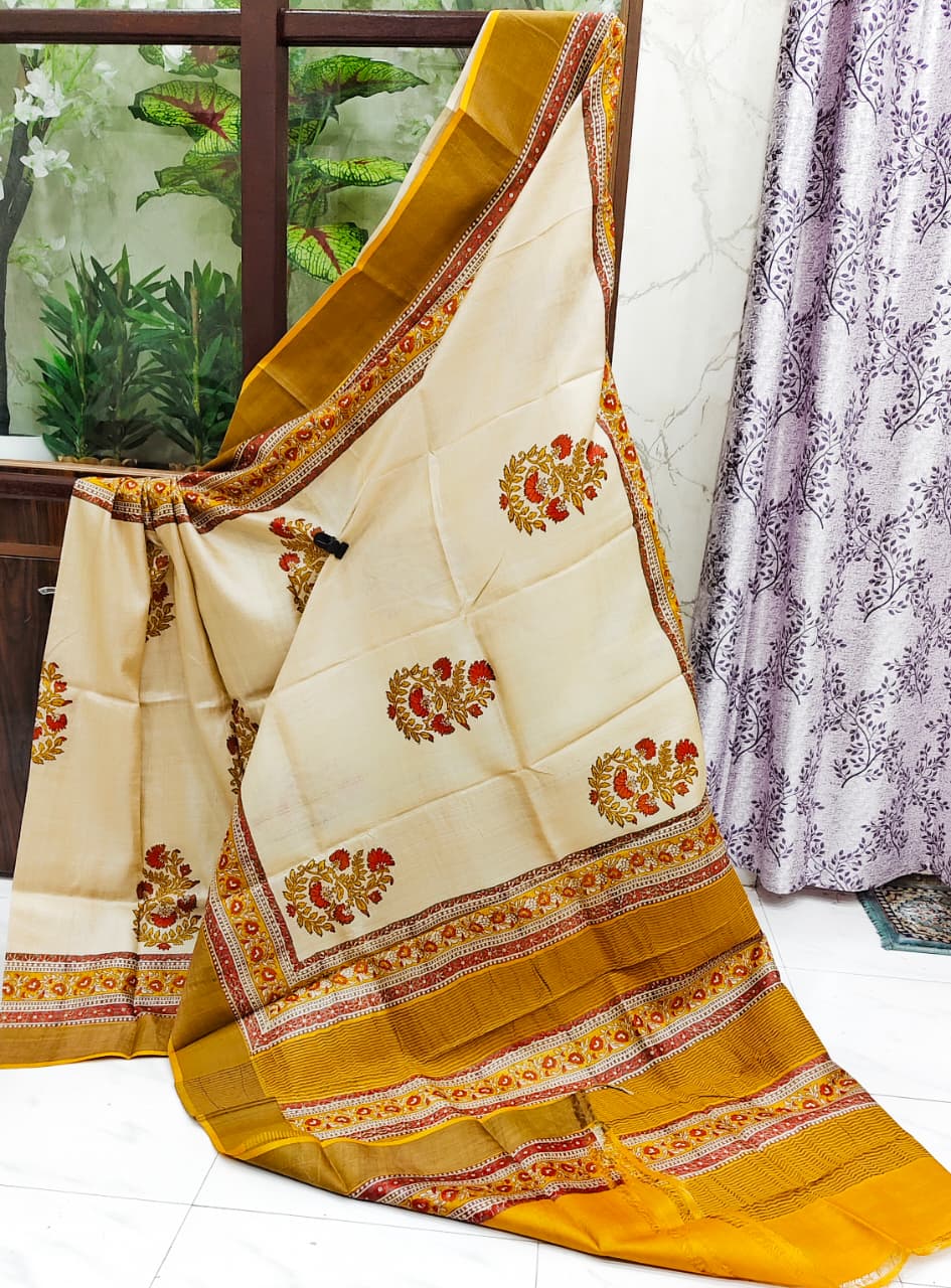 Elegant Gachi Tussar Silk Hand Block Print Saree in Mustard and Cream