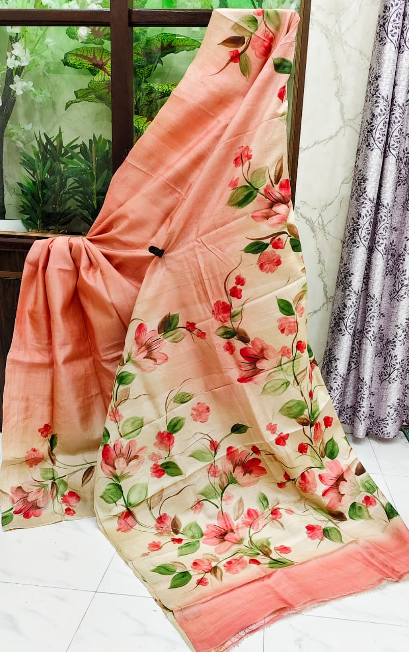 Elegant Hand-Painted Tussar Silk Saree