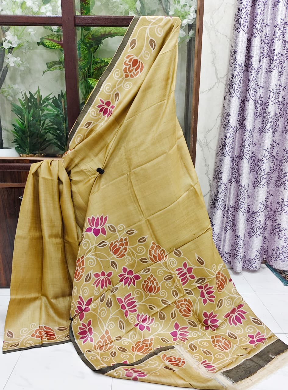Hand-Painted Tussar Silk Saree-Golden Grace