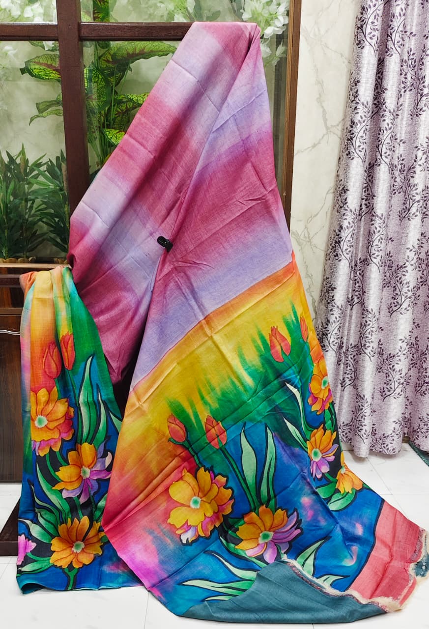Elegant Hand-Painted Tussar Silk Saree-Rainbow Bloom
