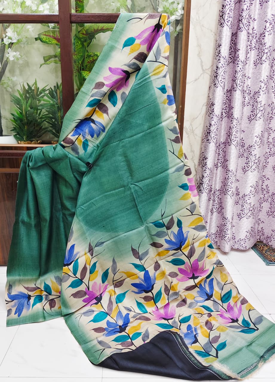 Emerald Whisper – Hand-Painted Tussar Silk Saree