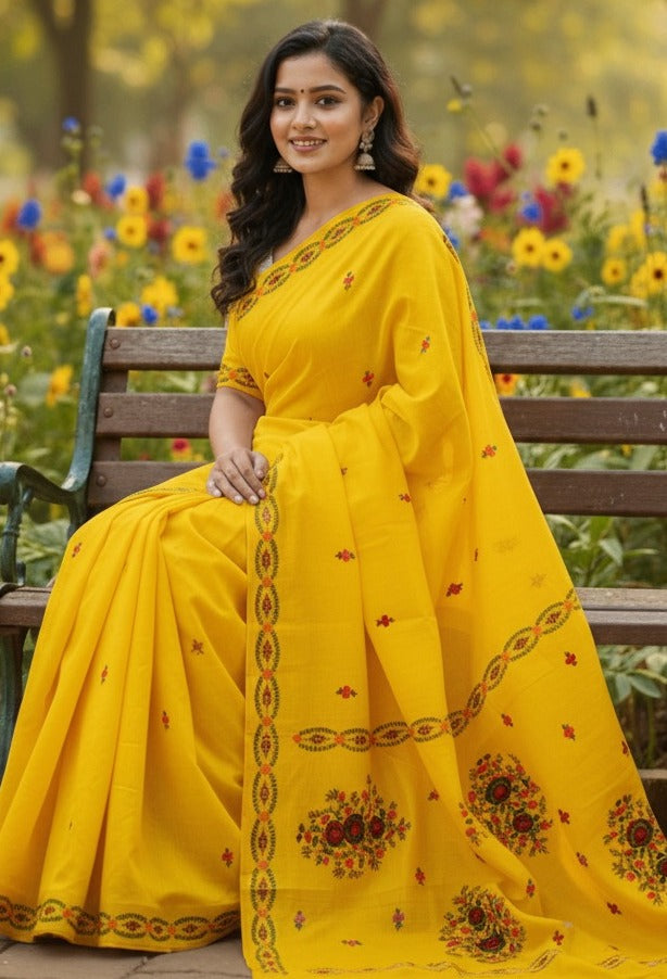 Charming Yellow Chanderi Hand-Embroidered Parsi Stitch Saree – A Timeless Masterpiece