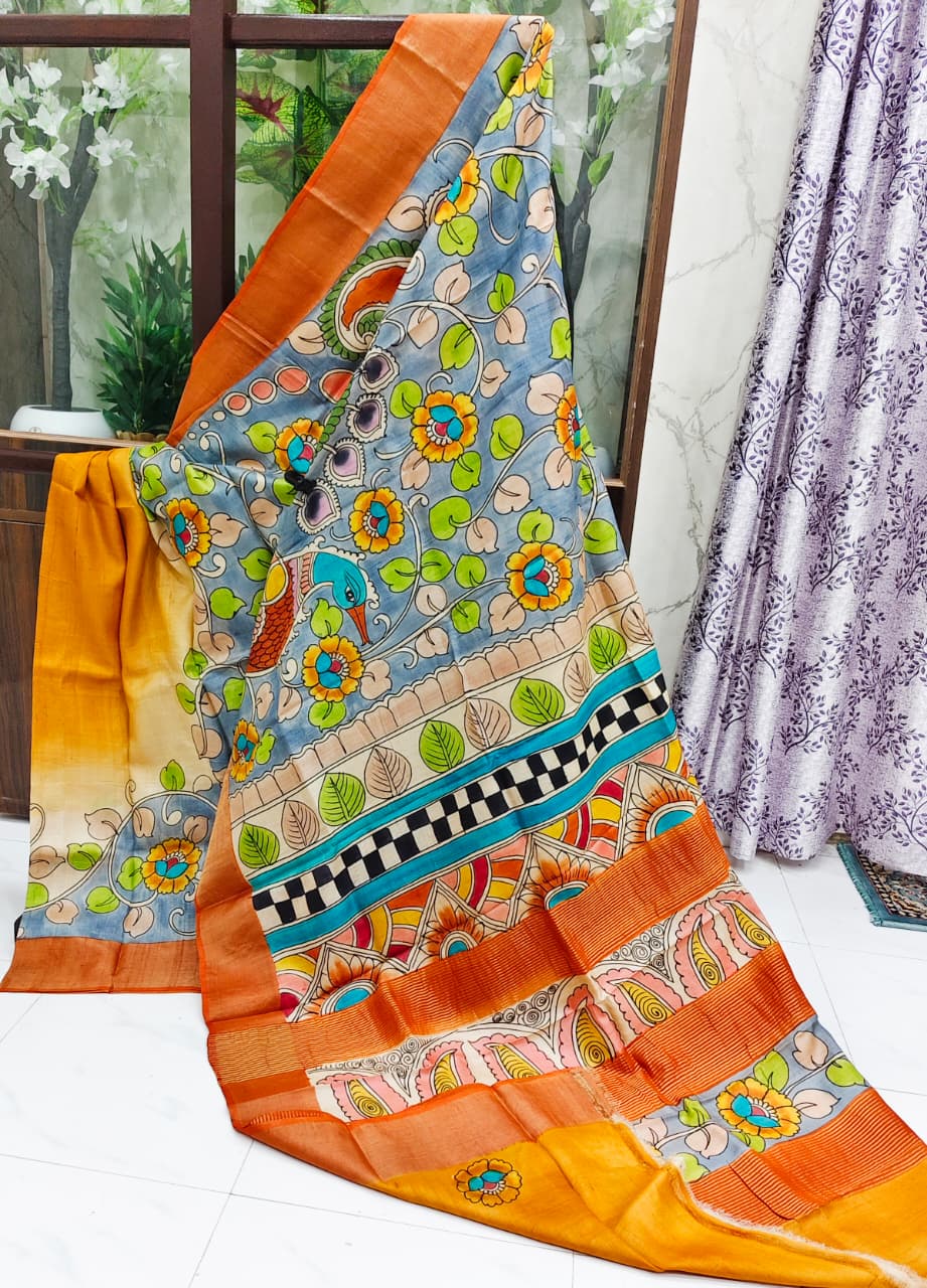 Elegant Gachi Tussar Hand-Painted Kalamkari Saree – Sunset Gold & Pastel Grey Traditional Edition