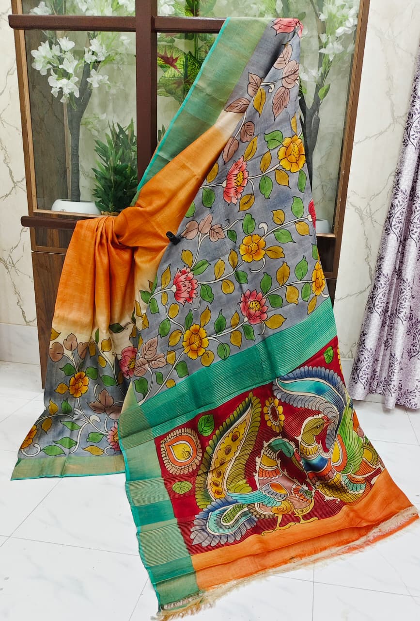 Elegant Gachi Tussar Hand-Painted Kalamkari Saree – Sunset Orange & Aqua Multi-Tone Edition