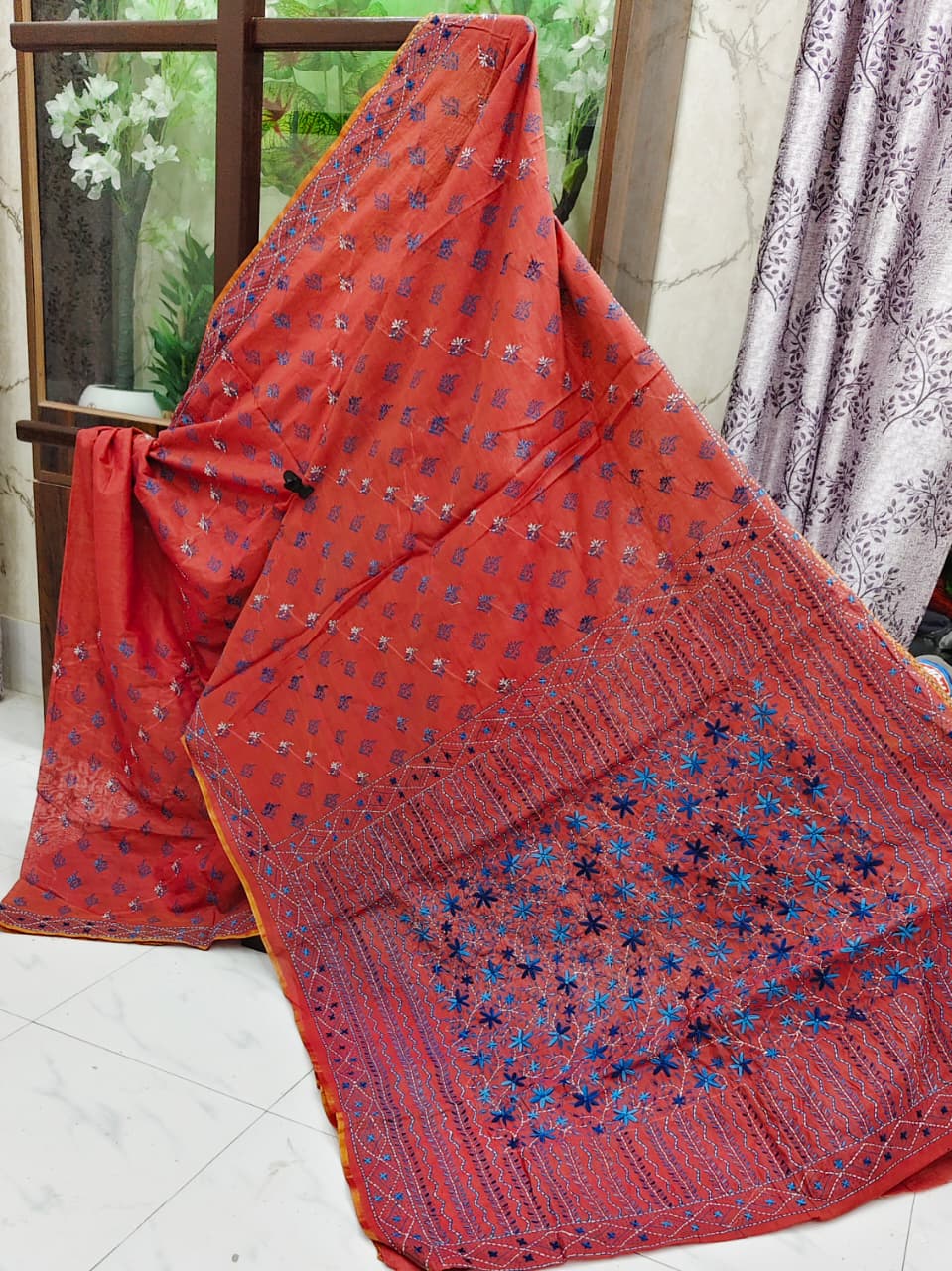 Elegant Hand-Block Printed & Hand-Stitched Chanderi Saree – Terracotta Bloom Heritage Edition