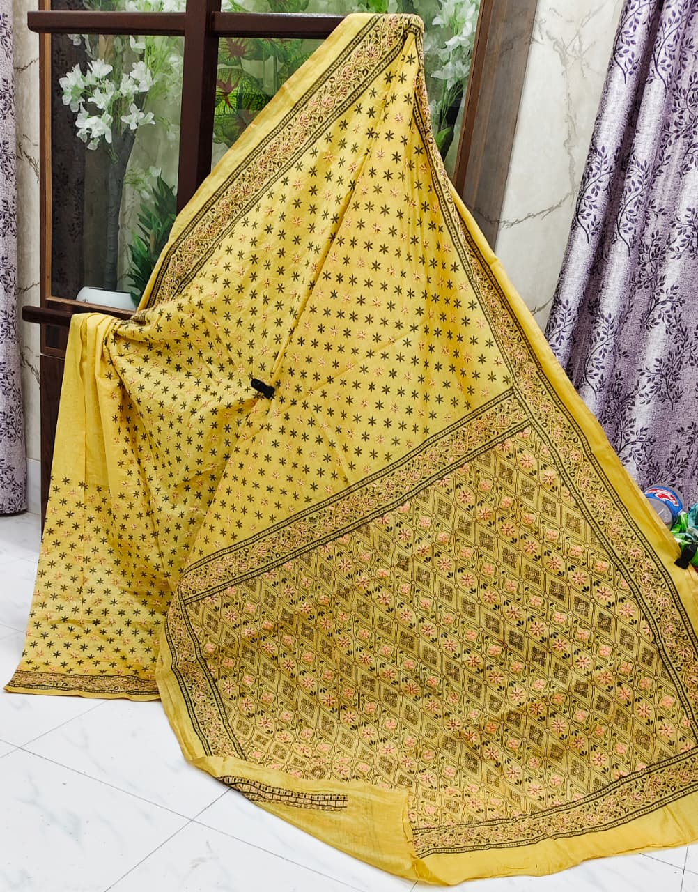 Elegant Hand-Block Printed & Hand-Stitched Chanderi Saree – Mustard Marigold Traditional Edition