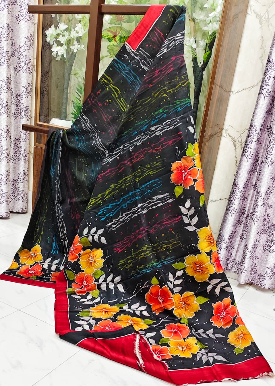 Hand-Painted Pure Silk Saree – Black Canvas with Vibrant Floral Art