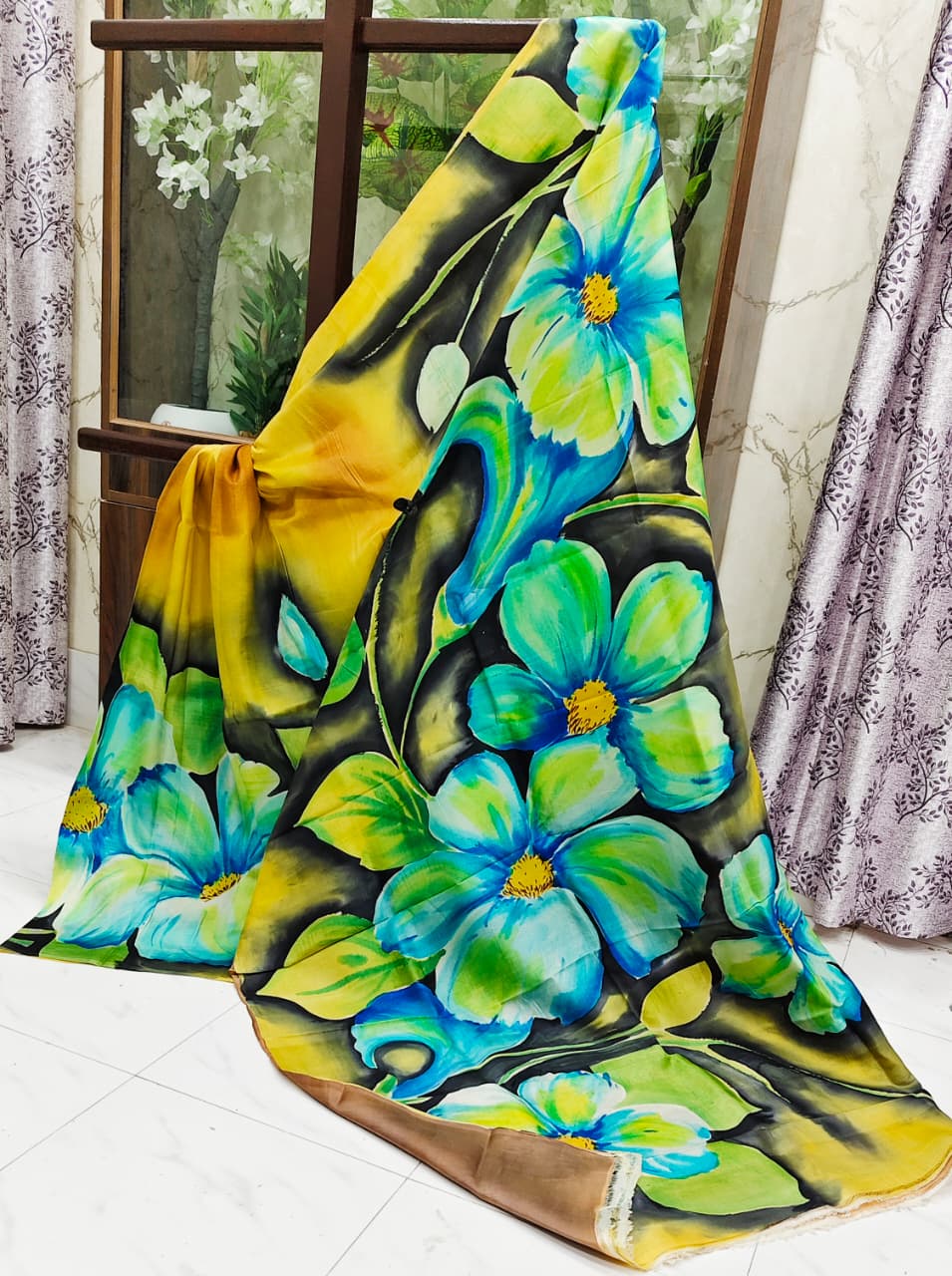 Hand-Painted Pure Silk Saree – Lime Yellow Base with Bold Blue Floral Art