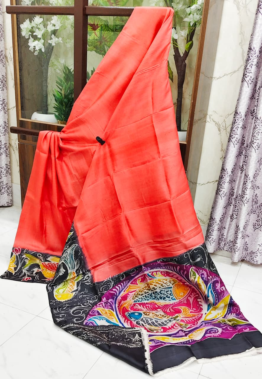 Hand-Painted Pure Silk Saree – Coral Elegance with Kalamkari Fish Art