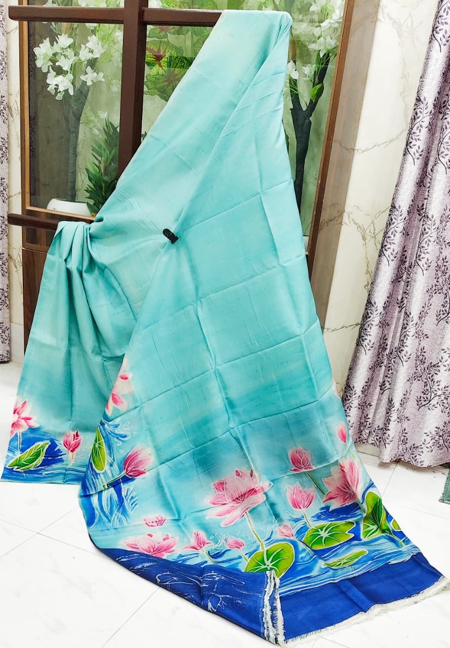 Hand-Painted Pure Silk Saree – Aqua Blue with Lotus Garden Artwork
