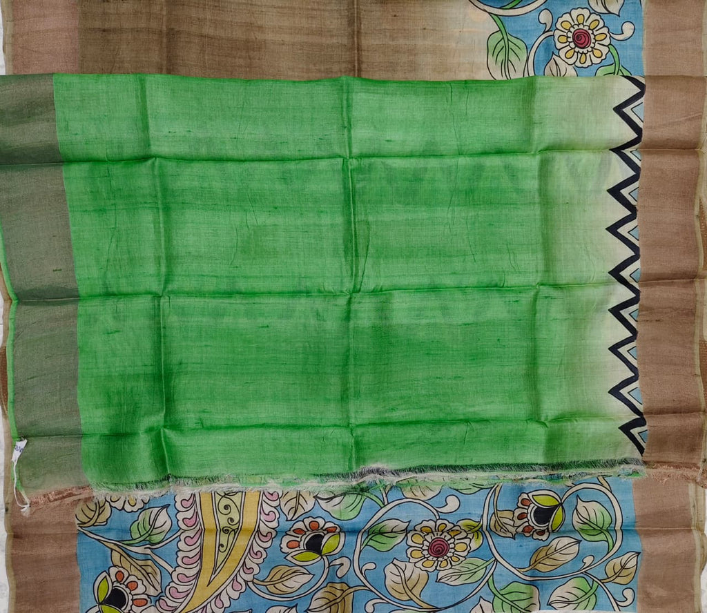 Hand-Painted Kalamkari Saree on Pure Gachi by Gachi Tussar Silk – Blue Floral & Peacock Motif