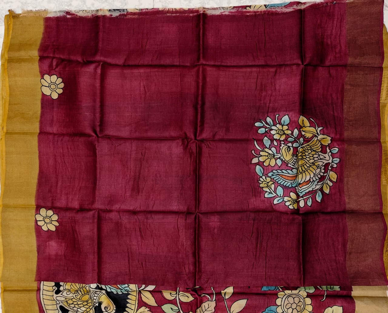 Elegant Hand Painted Kalamkari saree on Gachi Tussar