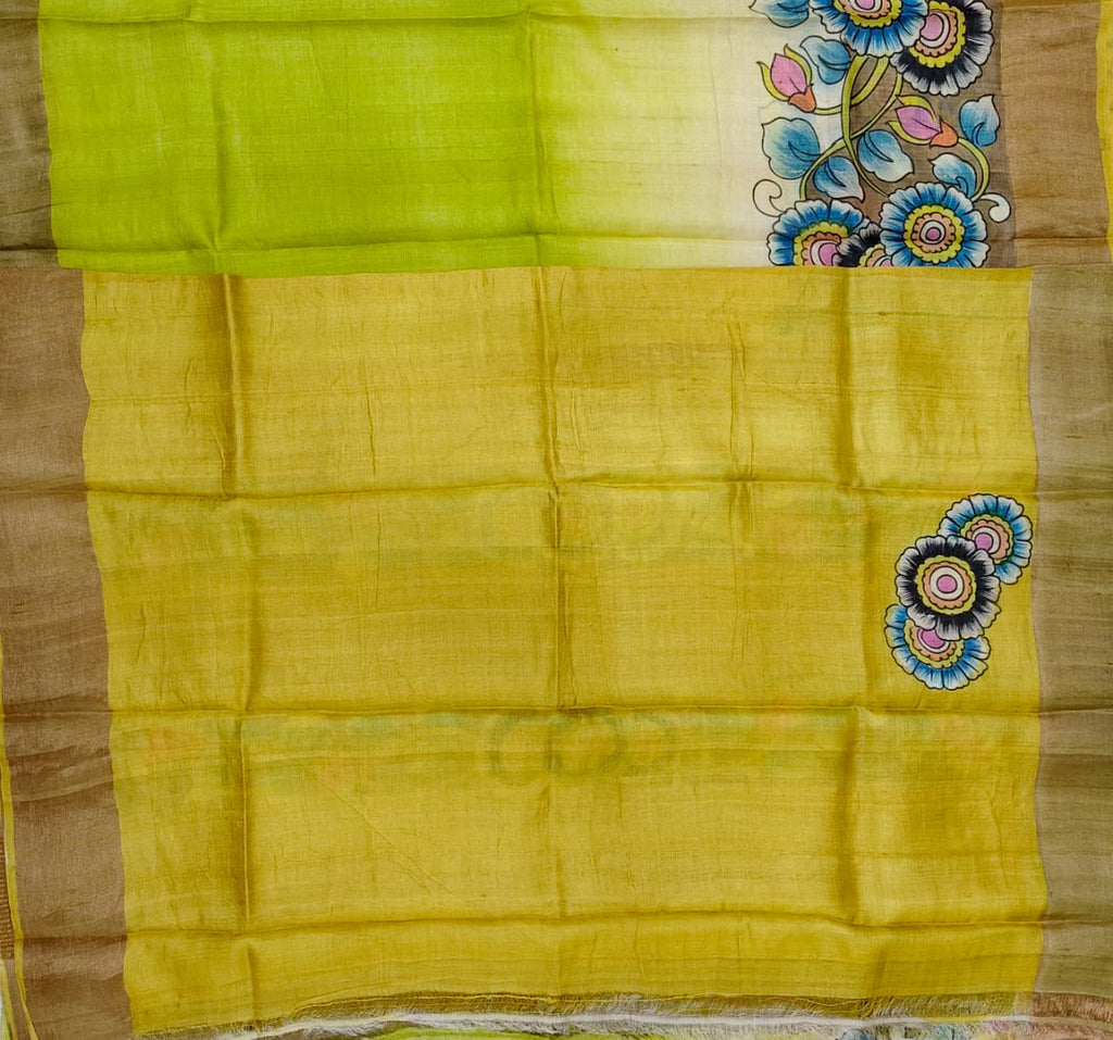 Hand-Painted Kalamkari Saree on Pure Gachi by Gachi Tussar Silk – Lime Green with Floral Motifs