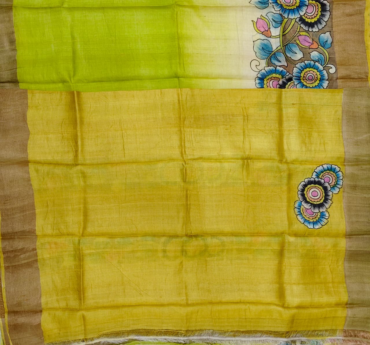 Hand-Painted Kalamkari Saree on Pure Gachi by Gachi Tussar Silk – Lime Green with Floral Motifs