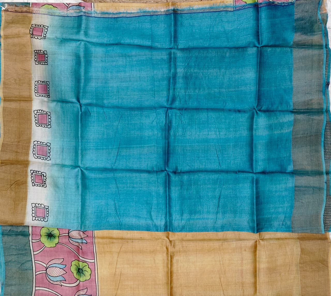 Hand-Painted Kalamkari Saree on Pure Gachi by Gachi Tussar Silk – Lotus &amp; Fish Motif Design
