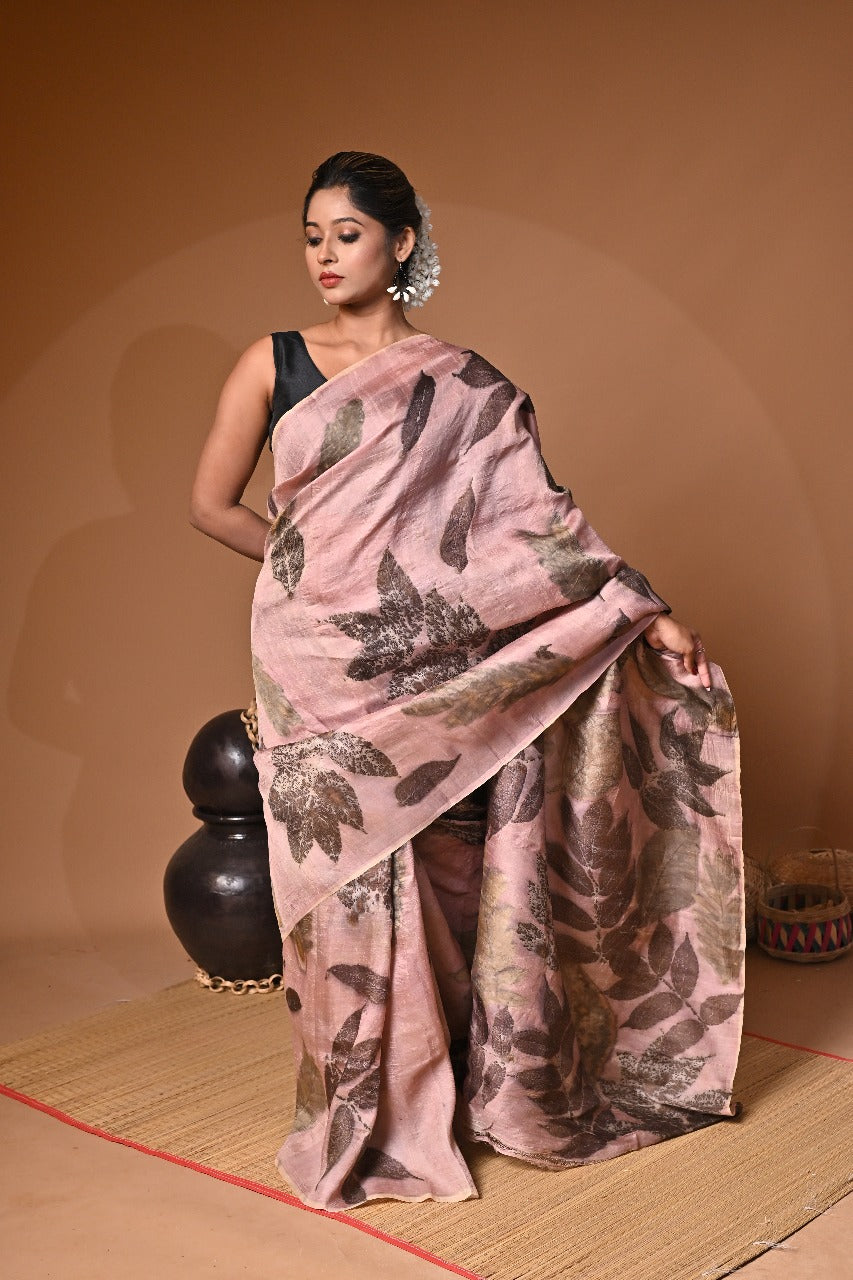 Blush Pink Eco Print on Pure Silk Saree – Nature Inspired Elegance