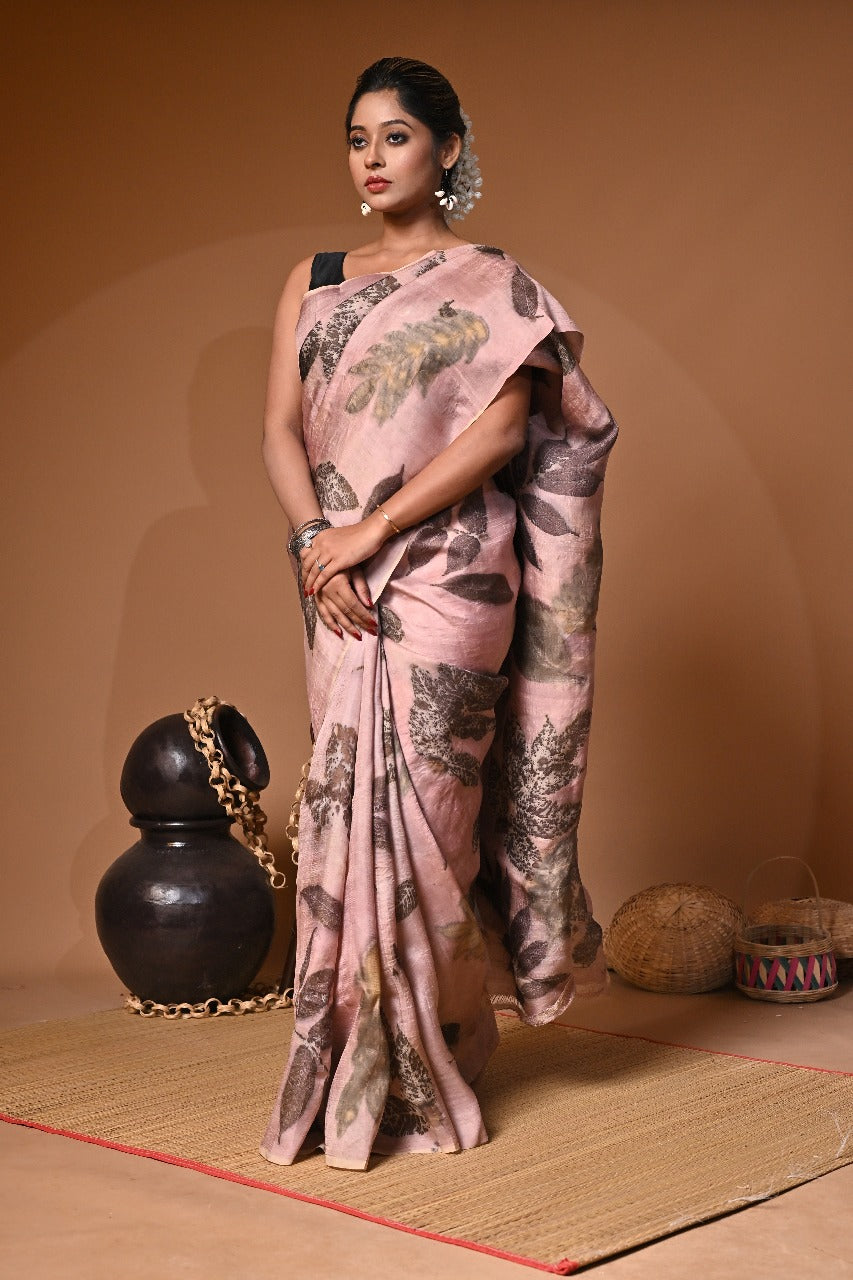 Blush Pink Eco Print on Pure Silk Saree – Nature Inspired Elegance