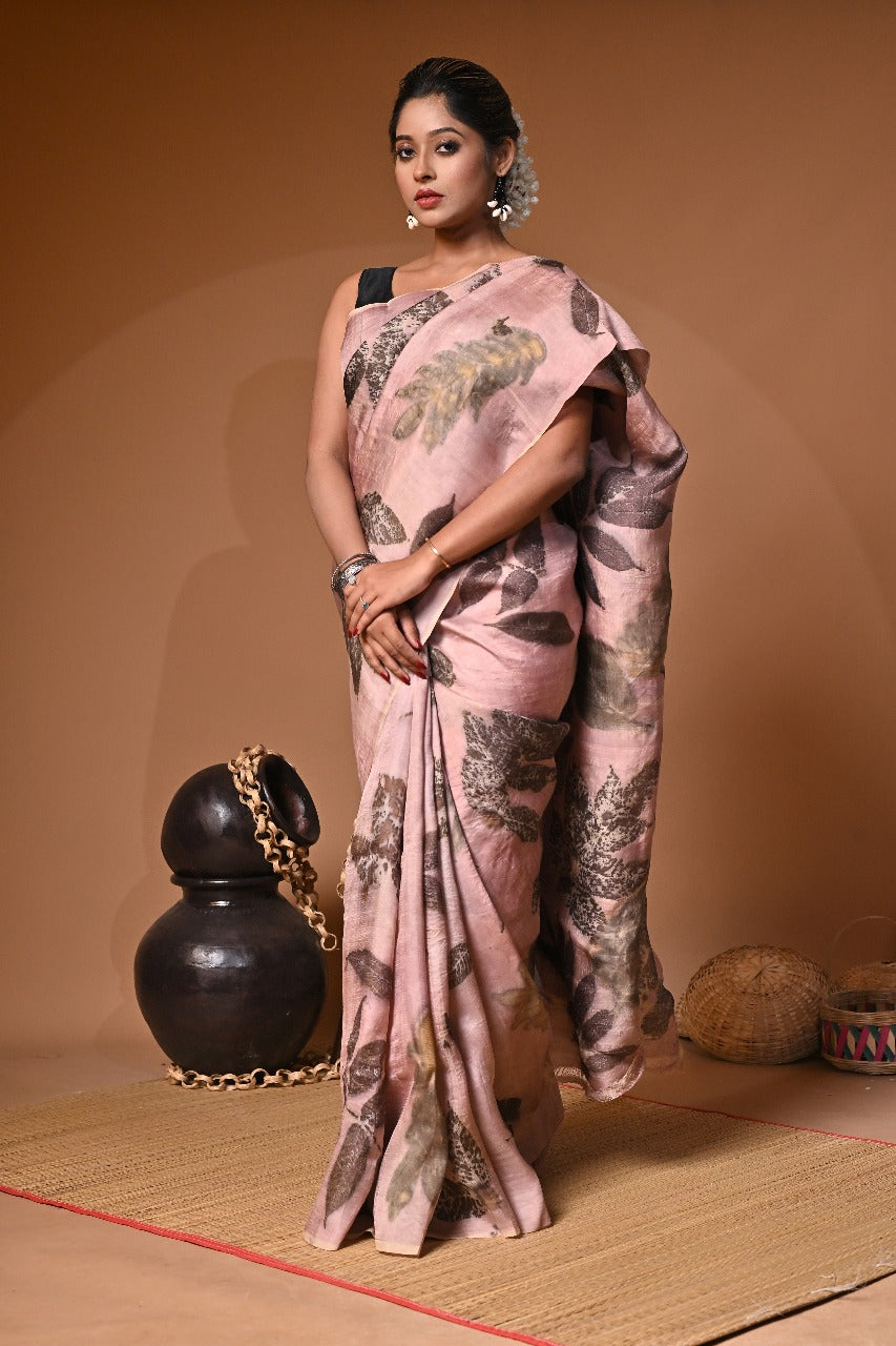 Blush Pink Eco Print on Pure Silk Saree – Nature Inspired Elegance