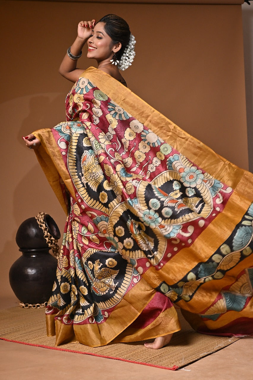 Elegant Hand Painted Kalamkari saree on Gachi Tussar