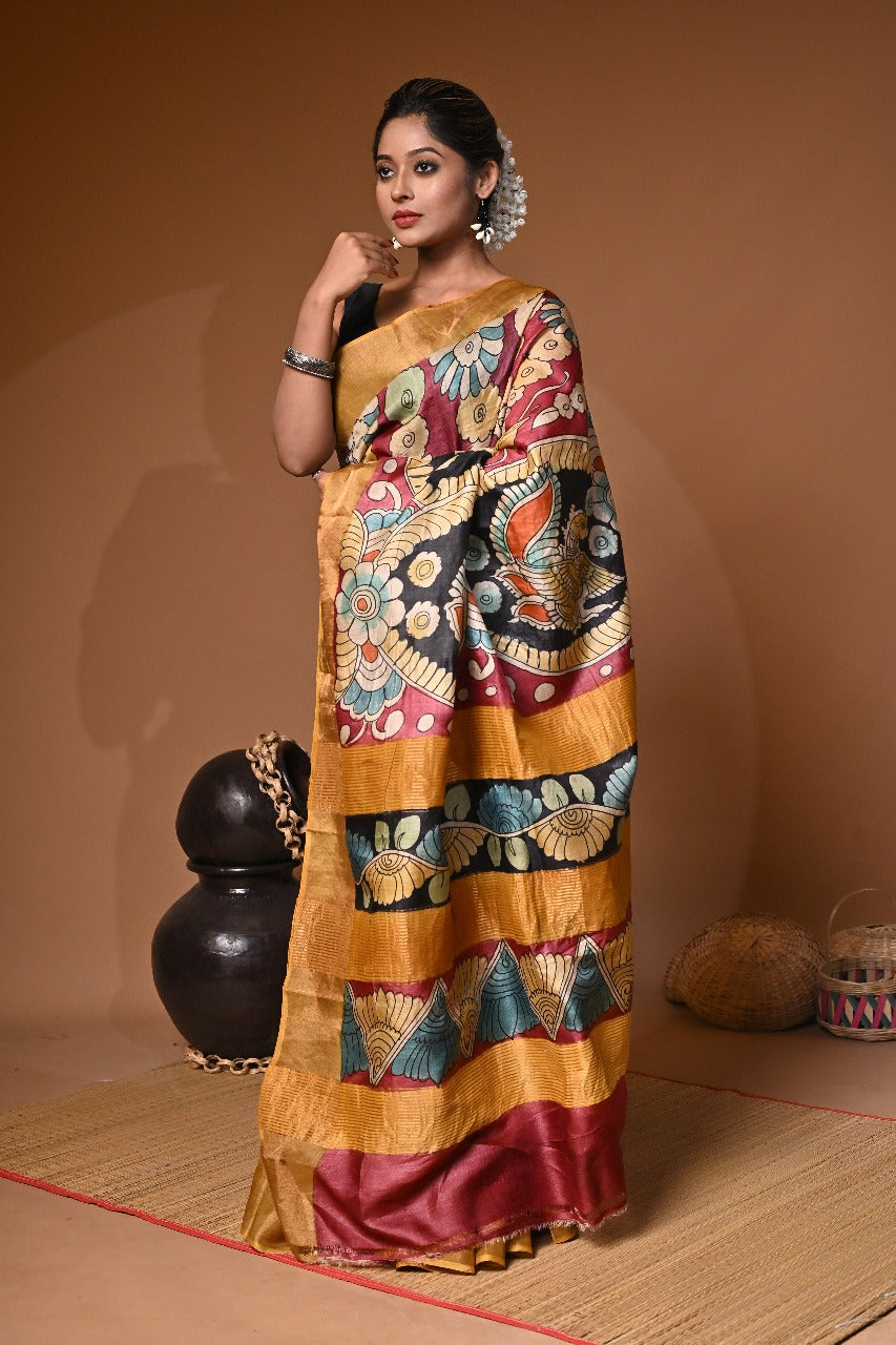 Elegant Hand Painted Kalamkari saree on Gachi Tussar